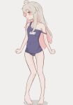  1girl ahoge bare_arms bare_legs bare_shoulders barefoot blonde_hair blush brown_eyes character_name chickenangel clenched_hands colored_inner_hair commentary_request full_body highres long_hair looking_away looking_to_the_side multicolored_hair name_tag onii-chan_wa_oshimai! oyama_mahiro pink_hair school_swimsuit simple_background solo standing strap_slip swimsuit two-tone_hair white_background 