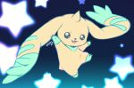  :3 :d commentary digimon digimon_(creature) extyrannomon gradient_background horns looking_at_viewer no_humans open_mouth signature simple_background single_horn smile star_(symbol) symbol-only_commentary terriermon very_long_ears 