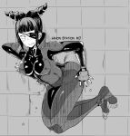  absurdres bangs blunt_bangs bodysuit breasts clenched_teeth commentary_request cracked_wall eye_(mememem) eyepatch full_body greyscale hair_horns han_juri highres impossible_bodysuit impossible_clothes medium_breasts monochrome sidelocks street_fighter street_fighter_v teeth through_wall x-ray 