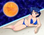  1girl absurdres bikini bishoujo_senshi_sailor_moon blue_bikini blue_eyes blue_hair blush closed_mouth highres lying mizuno_ami moon smile solo swimsuit 