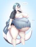  animal_humanoid belly big_belly big_breasts big_tail blue_hair blush breasts cakecatboy cetacean cetacean_humanoid clothing dialogue eyes_closed female hair hi_res huge_breasts humanoid mammal marine marine_humanoid multicolored_hair navel obese obese_female obese_humanoid overweight overweight_female overweight_humanoid sereia_(cowszers) simple_background solo standing tail text thick_thighs thought_bubble 