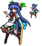  1girl bangs black_headwear blue_hair blue_skirt boots bow bowtie brown_footwear closed_mouth commentary_request food fruit full_body funamushi_nomore hinanawi_tenshi holding holding_sword holding_weapon hopeless_masquerade leaf long_hair lowres peach pixel_art rainbow_order red_bow red_bowtie red_eyes short_sleeves simple_background skirt smile solo sword sword_of_hisou touhou weapon white_background 