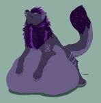  ambiguous_gender artist_name belly big_belly canid dipstick_tail eyes_closed feral full-length_portrait fur hi_res huge_belly leg_tuft mammal markings mouth_closed portrait purple_body purple_fur roobin solo striped_legs tail tail_markings tuft 