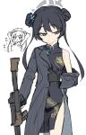 1girl arms_up black_dress black_gloves black_hair black_jacket blue_archive butterfly_hair_ornament chibi china_dress chinese_clothes cs/ls06 double_bun dress gloves grey_eyes gun hair_bun hair_ornament halo highres holding holding_gun holding_weapon jacket kisaki_(blue_archive) long_hair mksk_69 multiple_views off_shoulder pinstripe_jacket pinstripe_pattern striped twintails weapon 