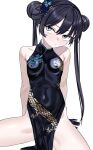  1girl bare_shoulders black_dress black_hair blue_archive blue_eyes breast_focus breasts china_dress chinese_clothes closed_mouth covered_navel covered_nipples dragon_print dress highres impossible_clothes impossible_dress kisaki_(blue_archive) long_hair looking_at_viewer print_dress short_dress simple_background sitting skin_tight sleeveless sleeveless_dress small_breasts solo thighs twintails white_background wokamiya 