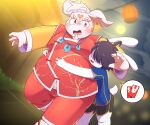  absurd_res ahoge anthro asian_clothing belly blush chinese_clothing chinese_new_year chinese_zodiac clothing duo east_asian_clothing embrace fur hair hair_over_eyes hi_res hug inaba_(tas) jewelry lagomorph leporid lifewonders long_ears male male/male mammal necklace overweight rabbit tokyo_afterschool_summoners tolild white_body white_fur year_of_the_rabbit 