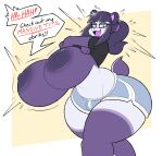  absurd_res anthro bangs bear big_breasts bodily_fluids bottomwear breasts bulge clothed clothing clothing_lift dialogue dolphin_shorts flashing flashing_breasts fur giant_panda gynomorph hair hi_res hotpants huge_breasts intersex mammal nonarycubed purple_body purple_fur purple_hair shirt shirt_lift short_tail shorts solo speech_bubble sweat tail thick_thighs topwear undressing white_body white_fur wide_hips 