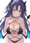  1girl :o alternate_costume bikini black_bikini black_choker black_horns blue_archive blue_eyes blue_hair blush breasts choker cleavage collarbone commentary_request demon_girl demon_tail demon_wings fingernails highres horns interlocked_fingers large_breasts long_hair looking_at_viewer low_wings navel o-ring o-ring_bikini o-ring_top simple_background solo swimsuit tail tansan_gitune two_side_up white_background wings yuuka_(blue_archive) 