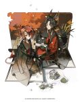  2girls animal_ears arknights artist_name bangs black_gloves black_hair black_kimono brown_eyes closed_mouth deer_antlers deer_ears deer_girl deer_tail flower gloves hair_flower hair_ornament highres holding holding_smoking_pipe horns japanese_clothes kimono kuroblood long_sleeves looking_at_viewer multiple_girls ning_ciqiu_(arknights) one_eye_closed parted_bangs petals pink_flower plant potted_plant princess_fumizuki_(arknights) red_eyes red_hair rock scroll seiza short_hair single_horn sitting smile smoking_pipe tail 