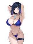  1girl alternate_breast_size arm_up armpit_crease armpits arms_behind_head arms_up azmi_yudista bangs bare_shoulders bikini black_hair blue_bikini blue_hair blunt_bangs blush bob_cut breasts cleavage commentary cowboy_shot diagonal_bangs dice genshin_impact green_eyes grey_choker groin highres huge_breasts looking_at_viewer mole mole_on_breast multicolored_hair navel purple_lips short_hair smile solo standing stomach swimsuit thigh_strap thighs yelan_(genshin_impact) 