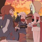  3girls :d akari_(pokemon) arezu_(pokemon) black_hair black_sash blonde_hair blush bracelet brown_eyes brown_hair building closed_eyes cloud commentary_request cowlick crossed_legs eyelashes green_bag grey_jacket grey_skirt hairband head_scarf highres hood hood_down hooded_jacket irida_(pokemon) jacket jewelry kurachi_mizuki long_hair multiple_girls open_mouth outdoors pantyhose pokemon pokemon_(game) pokemon_legends:_arceus red_hairband sash shorts sidelocks sitting skirt sky smile standing waist_cape white_headwear white_shorts 