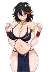  1girl absurdres adapted_costume armlet azmi_yudista bare_shoulders black_hair blue_eyes breasts cleavage commentary commission cowboy_shot hands_up harem_outfit highres kill_la_kill large_breasts looking_at_viewer matoi_ryuuko medium_hair multicolored_hair navel pelvic_curtain red_hair senketsu simple_background solo standing stomach streaked_hair thighs white_background wristband 