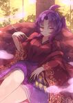  1girl chiroru_(cheese-roll) commission folded_fan folding_fan folding_screen hair_ribbon hand_fan highres holding holding_smoking_pipe japanese_clothes kimono kiseru komakusa_sannyo long_hair long_sleeves looking_at_viewer ponytail purple_hair purple_skirt red_eyes red_kimono ribbon skirt smoke smoking_pipe solo touhou wide_sleeves yellow_ribbon 