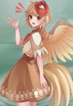  1girl absurdres animal animal_on_head bird bird_on_head bird_tail bird_wings blonde_hair blush chick dress feathered_wings highres koizumo multicolored_hair niwatari_kutaka on_head open_mouth orange_dress red_eyes red_hair shirt short_hair short_sleeves smile solo tail touhou two-tone_hair white_shirt wings yellow_wings 