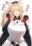  1girl :d absurdres animal_ear_fluff animal_ears arknights armor armored_dress belt belt_buckle black_bow black_dress black_gloves blemishine_(arknights) blonde_hair blush bouncing_breasts bow breasts buckle dress facing_viewer faulds fur_collar gloves hair_bow heart highres horse_ears huge_breasts kokihanada long_hair open_mouth pauldrons ponytail red_gloves shoulder_armor simple_background smile solo speech_bubble translation_request two-tone_gloves upper_body white_background 