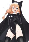  1girl @_@ absurdres animal_ears black_thighhighs blue_archive blush braid breasts cat_ears covered_navel habit highres justina_follower_(blue_archive) long_hair mari_(blue_archive) nun open_mouth orange_hair single_braid small_breasts solo sweat tearing_up thighhighs turu3ya 