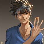  1boy blue_shirt brown_background brown_eyes brown_hair chrome_(dr._stone) closed_mouth commentary dated_commentary dr._stone gradient_background headband holding male_focus shirt short_hair signature smile solo spiked_hair upper_body white_headband zi_tsas 