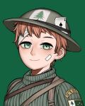  1girl ace_of_spades bandaged_head bandages bandaid bandaid_on_face brown_hair flag green_background green_eyes helmet jewelry kaiserreich military military_uniform necklace patch pearl_necklace pzkpfwi spade_(shape) tree turtleneck uniform upper_body 
