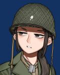  1girl blue_background brown_eyes brown_hair close-up dog_tags green_headwear green_jacket helmet jacket kaiserreich long_hair mesh military military_helmet military_uniform pzkpfwi sidelocks solo uniform 