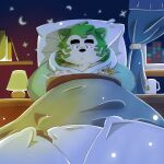  anthro bed bedding blanket canid canine canis clothing domestic_dog drawing fur furniture green_body green_fur hi_res lifewonders littlejimmy1218 live_a_hero male mammal mokdai pajamas plushie slightly_chubby solo under_covers 