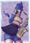  anthro avian beckoning big_breasts bird blue_jay blush boidbwain bottomwear breasts clothed clothing corvid feathers female footwear gesture hi_res jay_(bird) legwear looking_at_viewer musical_instrument narrowed_eyes new_world_jay oscine passerine pinup pose saxophone seductive simple_background skirt smile socks solo thigh_highs topwear trans_(lore) trans_woman_(lore) underwear wide_hips wind_instrument woodwind_instrument 