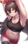  1girl absurdres amber_(genshin_impact) armpits arms_up bare_shoulders black_thighhighs breasts brown_eyes brown_hair cleavage collarbone commentary_request cowboy_shot crop_top genshin_impact grin hair_ribbon hairband highres kirima_(user_danf8787) large_breasts long_hair looking_at_viewer midriff navel red_hairband red_ribbon red_shorts ribbon short_shorts shorts simple_background smile solo sports_bra standing stomach sweat thighhighs very_long_hair white_background 