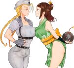  2girls arms_behind_back ass asymmetrical_docking bangs blunt_bangs bomb braid breast_press breasts brown_eyes brown_hair cammy_white commentary_request explosive eye_(mememem) fingerless_gloves from_side gloves grey_pants grin hair_bun highres holding holding_bomb ibuki_suika japanese_clothes long_hair low_twin_braids medium_breasts multiple_girls pants side_slit single_hair_bun smile street_fighter street_fighter_v thighs twin_braids unamused 