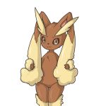  1girl :3 alternate_eye_color animal_ears animal_nose black_sclera body_fur brown_eyes brown_fur closed_mouth colored_sclera commentary_request cowboy_shot flat_chest furry furry_female groin happy highres kedama1635 looking_at_viewer lopunny partial_commentary pointy_ears pokemon pokemon_(creature) rabbit_ears rabbit_girl raised_eyebrows shiny_skin shy simple_background smile solo split_mouth standing thighs two-tone_fur white_background yellow_fur 