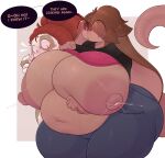  anthro areola big_areola big_breasts black_sclera bodily_fluids bottomwear breasts brown_hair clothed clothing coffilatte_(artist) dialogue duo eyewear female fur glasses hair hi_res huge_breasts huge_hips hyper hyper_breasts lactating lagomorph leporid mammal milk nipples obese obese_anthro obese_female overweight overweight_anthro overweight_female pants partially_clothed rabbit raised_clothing raised_topwear red_eyes round_glasses speech_bubble tan_body tan_fur thick_thighs tight_clothing topwear wide_hips 