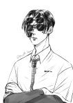  1boy absurdres choujin_x collared_shirt crossed_arms eyewear_on_head facing_viewer greyscale highres maxm_sama monochrome noh_mask_(choujin_x) noose shirt simple_background solo stitched_face stitches sunglasses twitter_username white_background 