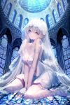  1girl arms_between_legs bare_shoulders breasts chiachun0621 cleavage covered_navel dress full_body gown grey_hair highres looking_back medium_breasts original purple_eyes sitting solo wariza white_footwear white_negligee 