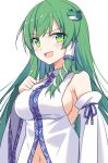  1girl bangs bare_shoulders blush breasts detached_sleeves e.o. frog_hair_ornament green_eyes green_hair hair_ornament hair_tubes highres japanese_clothes kochiya_sanae large_breasts long_hair looking_at_viewer navel nontraditional_miko open_mouth sideboob simple_background smile smug snake_hair_ornament solo touhou upper_body white_background white_sleeves wide_sleeves 