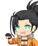  1boy black_gloves black_hair blue_eyes chibi earrings fingerless_gloves fur-trimmed_jacket fur_trim gloves highres holostars holostars_english jacket jewelry josuiji_shinri meme naked_jacket open_clothes open_jacket open_mouth orange_jacket pointing ponytail upper_body virtual_youtuber zerorespect_bot 