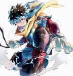  1boy absurdres backpack bag bangs belt belt_pouch black_whip_(boku_no_hero_academia) blurry bodysuit boku_no_hero_academia bright_pupils cape chromatic_aberration clenched_hand cross-laced_footwear depth_of_field dust dust_cloud electricity fighting_stance floating_cape floating_hair foreshortening freckles frown full_body gloves green_bodysuit green_eyes green_hair hair_between_eyes hands_up highres leaning_forward looking_at_viewer male_focus midoriya_izuku official_alternate_costume one_knee outstretched_arm parted_lips pouch red_belt rio_18 scratches short_hair short_sleeves simple_background solo spoilers utility_belt v-shaped_eyebrows white_background white_gloves white_pupils yellow_bag yellow_cape 