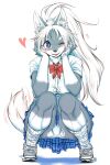 &lt;3 anthro big_breasts bottomwear bow_tie bracelet breasts butt canid canine canis cheek_tuft clothed clothing crouching digital_media_(artwork) facial_tuft female female_anthro footwear fur grey_body grey_fur hair hi_res inner_ear_fluff jewelry kemono long_hair looking_at_viewer mammal okami_bark one_eye_closed ookamiwaho open_mouth panties ponytail red_bow_tie school_uniform shirt shoes simple_background skirt smile socks solo tail topwear tuft underwear uniform white_body white_clothing white_fur white_hair white_shirt white_topwear wink wolf 