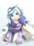  1boy blue_mittens commentary_request dated erinoshin eyelashes green_eyes green_hair grusha_(pokemon) jacket long_sleeves looking_at_viewer male_focus parted_lips poke_ball_print pokemon pokemon_(game) pokemon_sv scarf solo striped striped_scarf white_background yellow_jacket 