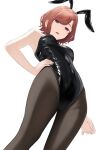  1girl :o absurdres animal_ears black_leotard black_pantyhose brown_hair egas7t groin hand_on_hip highres higuchi_madoka idolmaster idolmaster_shiny_colors latex leotard looking_at_viewer pantyhose playboy_bunny rabbit_ears red_eyes simple_background solo white_background 