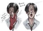  1boy absurdres black_hair choujin_x collared_shirt disembodied_limb extra_eyes highres looking_at_viewer maxm_sama noh_mask_(choujin_x) noose open_mouth patchwork_skin shirt short_hair simple_background squeezing stitched_face stitches white_background white_shirt 