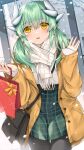  1girl bag bangs belt black_belt black_pantyhose blush brown_coat coat dragon_girl dragon_horns fate/grand_order fate_(series) green_hair green_skirt hands_up highres holding holding_bag horns kiyohime_(fate) long_sleeves looking_at_viewer morizono_shiki outdoors pantyhose parted_lips scarf skirt smile snow solo white_scarf yellow_eyes 