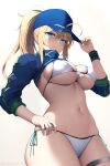  1girl ahoge artoria_pendragon_(fate) ashino_moto baseball_cap bikini blonde_hair blue_eyes blue_headwear blue_jacket blush breasts cleavage cropped_jacket fate/grand_order fate_(series) hair_between_eyes hair_through_headwear hat highres jacket large_breasts long_hair long_sleeves looking_at_viewer mysterious_heroine_xx_(fate) navel ponytail shrug_(clothing) sidelocks smile solo swimsuit thighs white_bikini wristband 