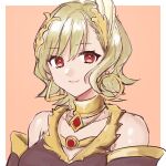  1girl bare_shoulders blonde_hair border citrinne_(fire_emblem) commentary_request dress earrings fire_emblem fire_emblem_engage grey_dress hazuki_(nyorosuke) highres hoop_earrings jewelry looking_at_viewer outside_border pink_background red_eyes short_hair simple_background solo upper_body white_border 