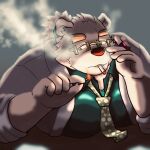  anthro bear cigarette cigarette_in_mouth eyebrows eyewear fur glasses hi_res leib_(tas) lifewonders lighter male mammal necktie nigauritaruto polar_bear smoking solo thick_eyebrows tokyo_afterschool_summoners ursine white_body white_fur 