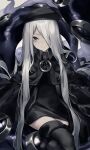  1girl absurdres black_capelet black_dress black_headwear black_thighhighs blush capelet closed_mouth dress grey_eyes grey_hair hair_over_one_eye hat highres long_hair looking_at_viewer original smile solo tentacles thighhighs very_long_hair wakamepiza 