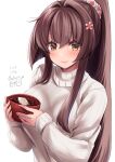  absurdres bangs bowl breasts brown_eyes brown_hair cherry_blossoms closed_mouth dated flower hair_between_eyes hair_flower hair_ornament highres holding holding_bowl kantai_collection large_breasts long_sleeves looking_at_viewer mashiro_yukiya ponytail ribbed_sweater signature smile sweater upper_body white_background white_sweater yamato_(kancolle) 