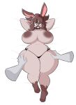  absurd_res anthro areola big_areola big_breasts breasts brown_body brown_fur brown_hair buckteeth clothed clothing disembodied_hand female front_view fur hair half-closed_eyes hi_res huge_breasts lagomorph leg_grab leporid long_ears lying mammal mostly_nude narrowed_eyes nonarycubed on_back rabbit smile solo tan_body tan_fur teeth thick_thighs thigh_grab thong thong_only topless underwear underwear_only wide_hips 