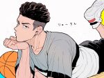 1boy basketball black_eyes brown_hair earrings gorii hand_on_own_chin highres jewelry looking_at_viewer lying male_focus miyagi_ryouta on_stomach pompadour shirt simple_background slam_dunk_(series) solo stud_earrings undercut white_background 