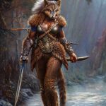  2022 ai_generated anthro armor bodypaint bow_(weapon) breasts brown_body brown_fur canid canine canis cleavage clothed clothing face_paint fantasy fantasy_weapon female forest fur holding_object holding_sword holding_weapon mammal medieval medieval_fantasy melee_weapon nature nature_background plant ranged_weapon solo standing sword tree warrior water weapon wolf 