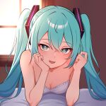  1girl aqua_eyes aqua_hair arm_support armpit_crease blurry blurry_background breasts bright_pupils cleavage commentary hatsune_miku head_rest highres indoors kumada_gaon long_hair looking_at_viewer medium_breasts open_mouth solo twintails vocaloid white_pupils window 
