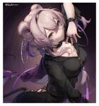  1girl absurdres animal_ears arknights arm_up bangs black_choker black_dress border breasts choker cleavage closed_mouth collarbone dress gradient_background grey_hair guippang hairband highres jewelry large_breasts lin_(arknights) long_hair looking_at_viewer mouse_ears multiple_rings purple_eyes ring smile solo twitter_username upper_body white_border wristband 