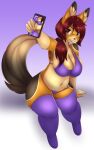  absurd_res big_ears breasts camera canid canine canis clothing female furmarkings hair hi_res jackal legwear lingerie looking_up mammal phone purple selfie sitting solo tail thigh_highs 